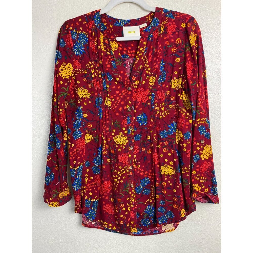 Anthropologie Maeve Womens Red Pintuck Long sleeve Floral Top Size XS Prairie